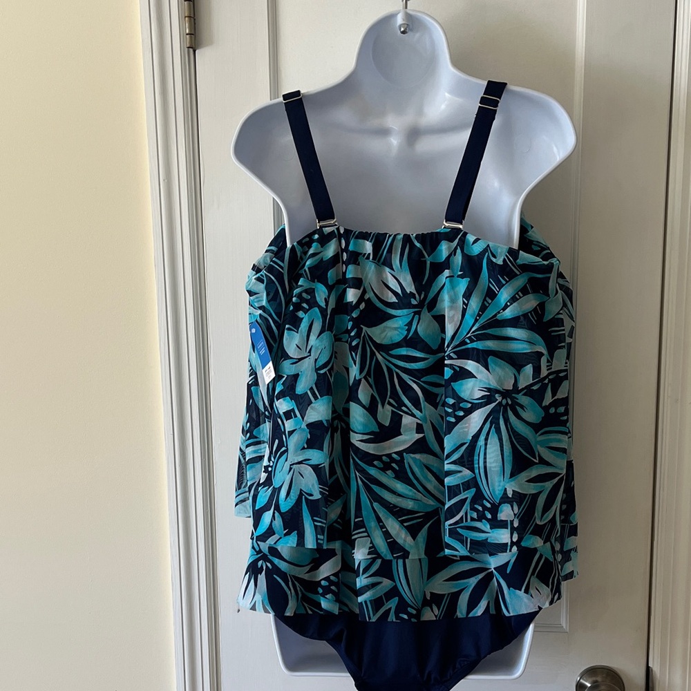 NWT Lands End 1 Piece Swimsuit Bathing 22W Mesh Bandeau Blue Teal Floral Support - Picture 6 of 15